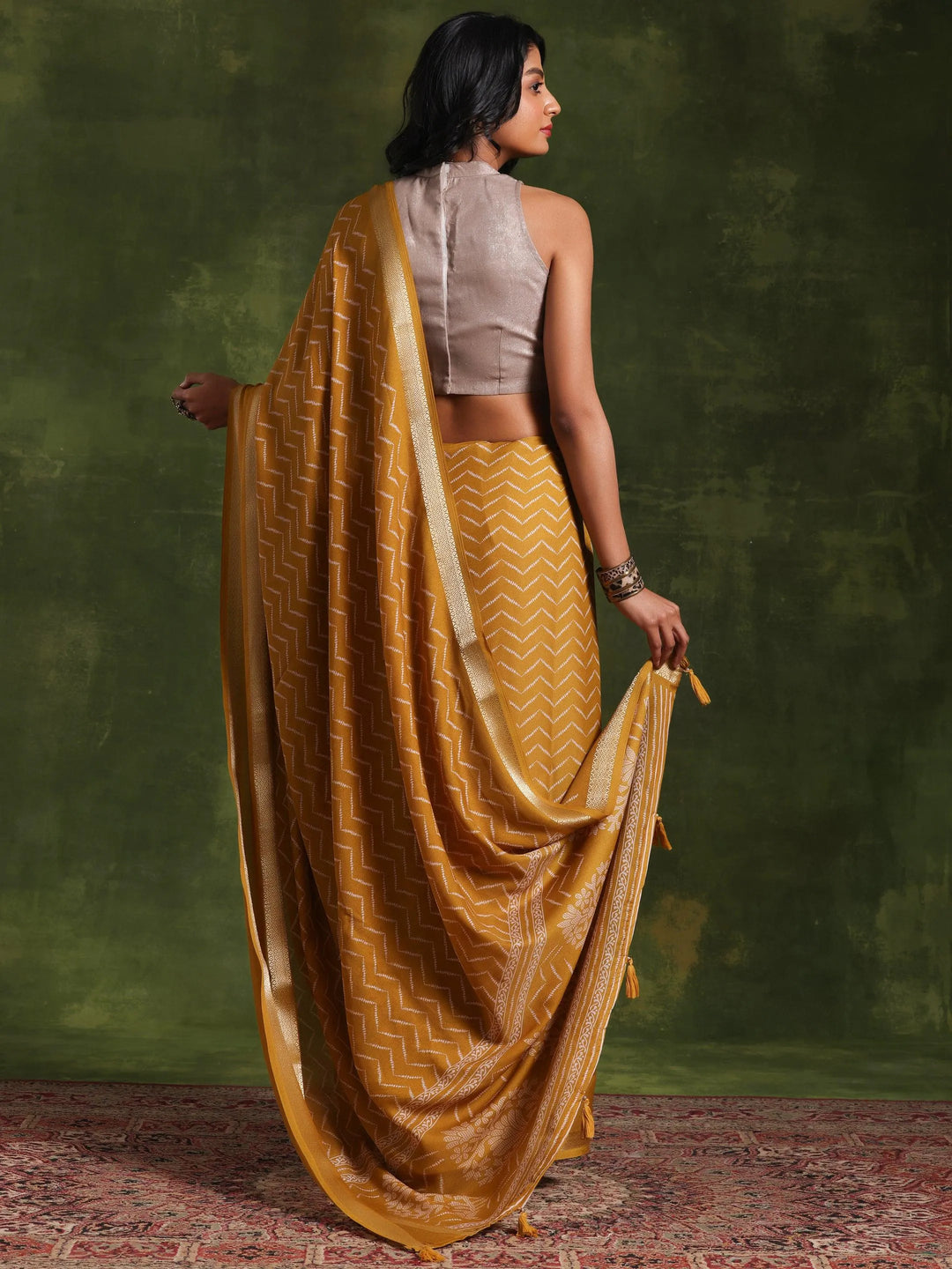 Mustard Printed Silk Blend Saree With Unstitched Blouse Piece - Libas 