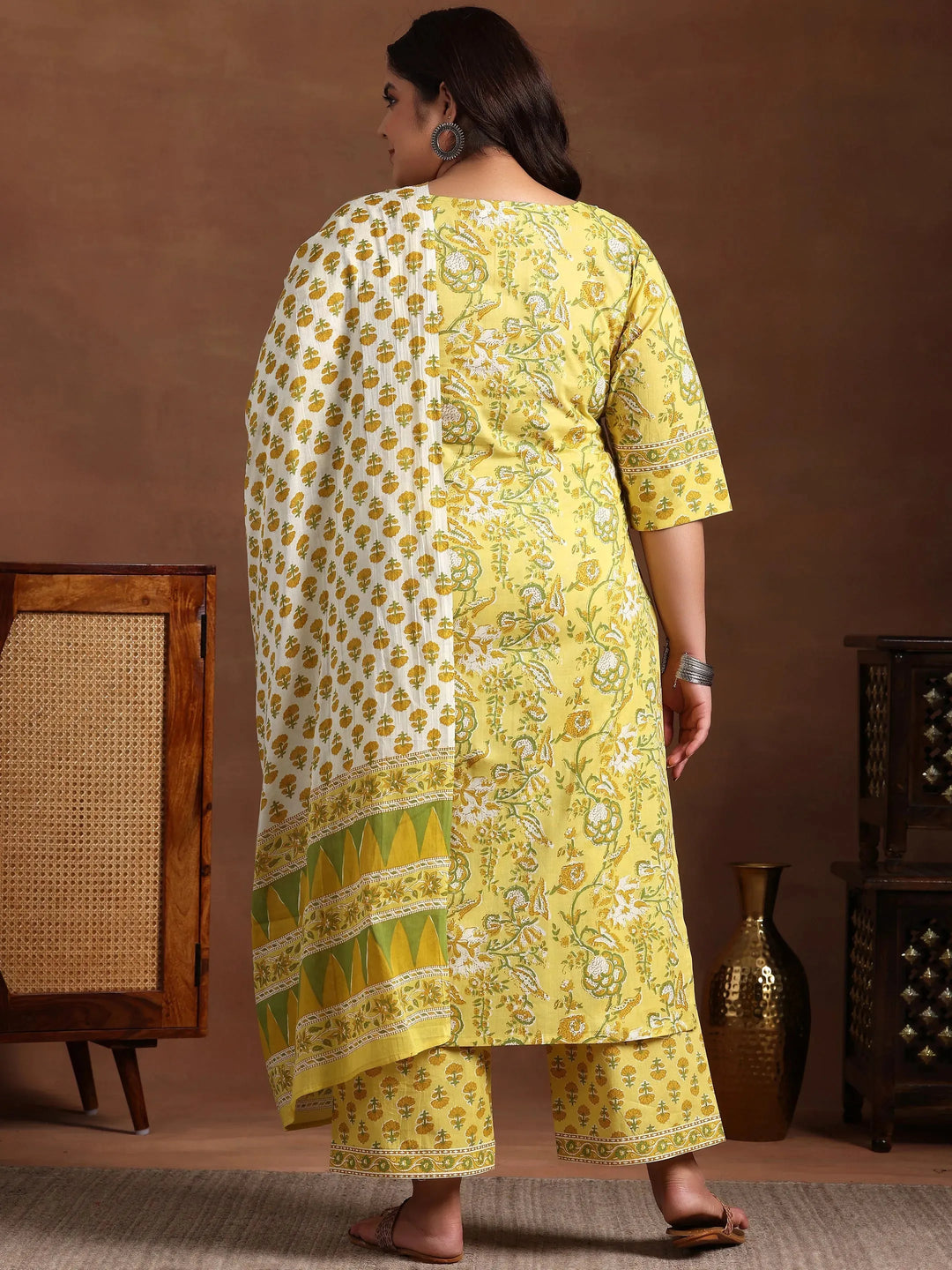  Plus Size Yellow Printed Cotton Straight Suit With Dupatta 
