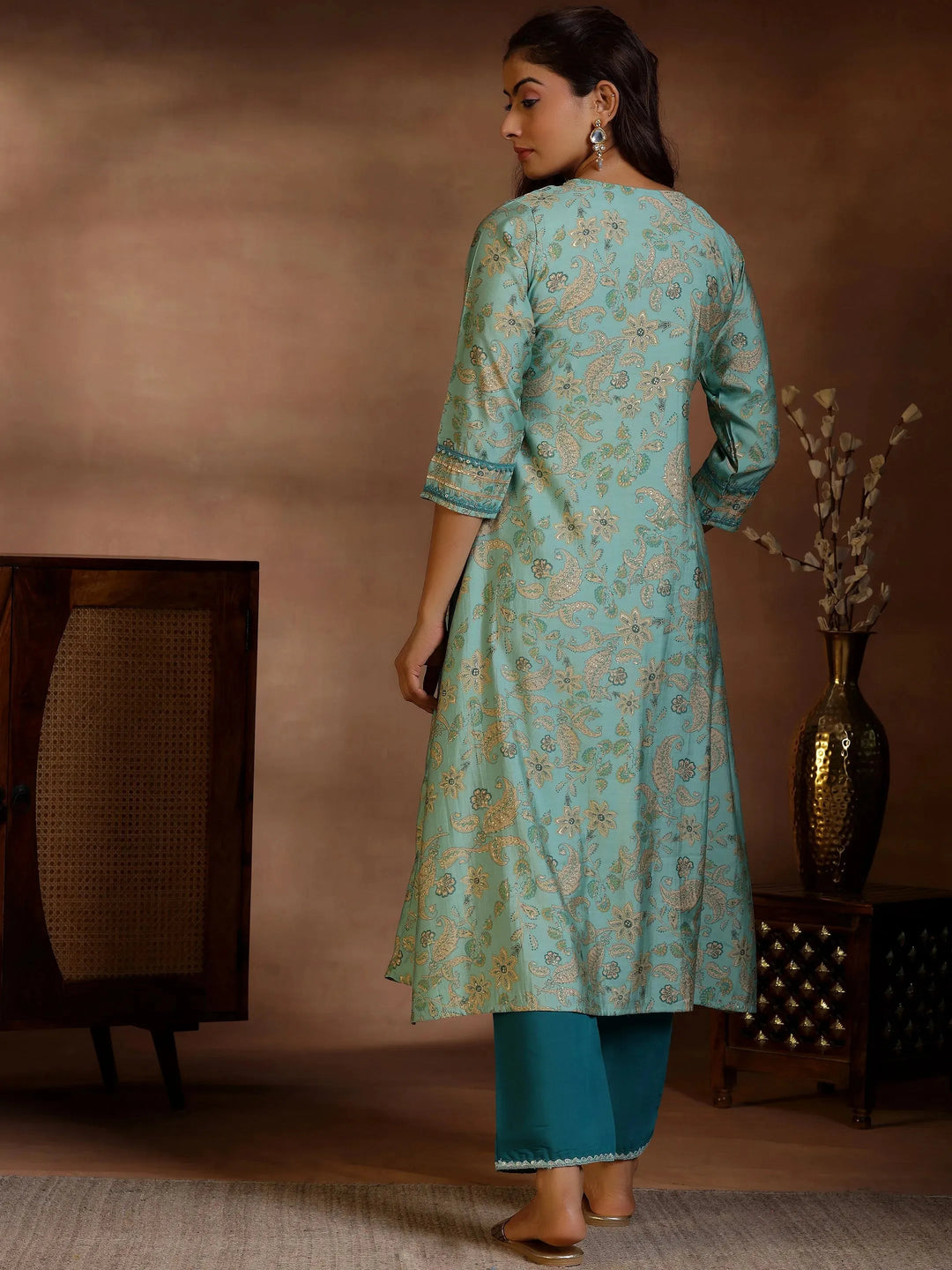  Green Printed Silk Blend A-Line Kurta With Palazzos 