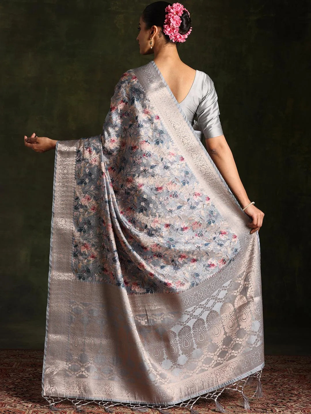 Grey Woven Design Brocade Saree With Unstitched Blouse Piece - Libas 