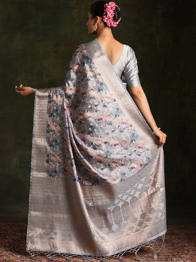 Grey Woven Design Brocade Saree With Unstitched Blouse Piece - Libas