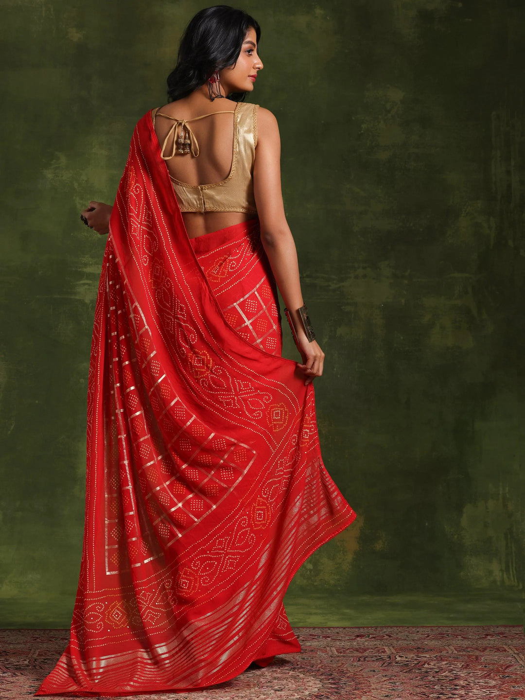Red Printed Poly Georgette Saree With Unstitched Blouse Piece - Libas 
