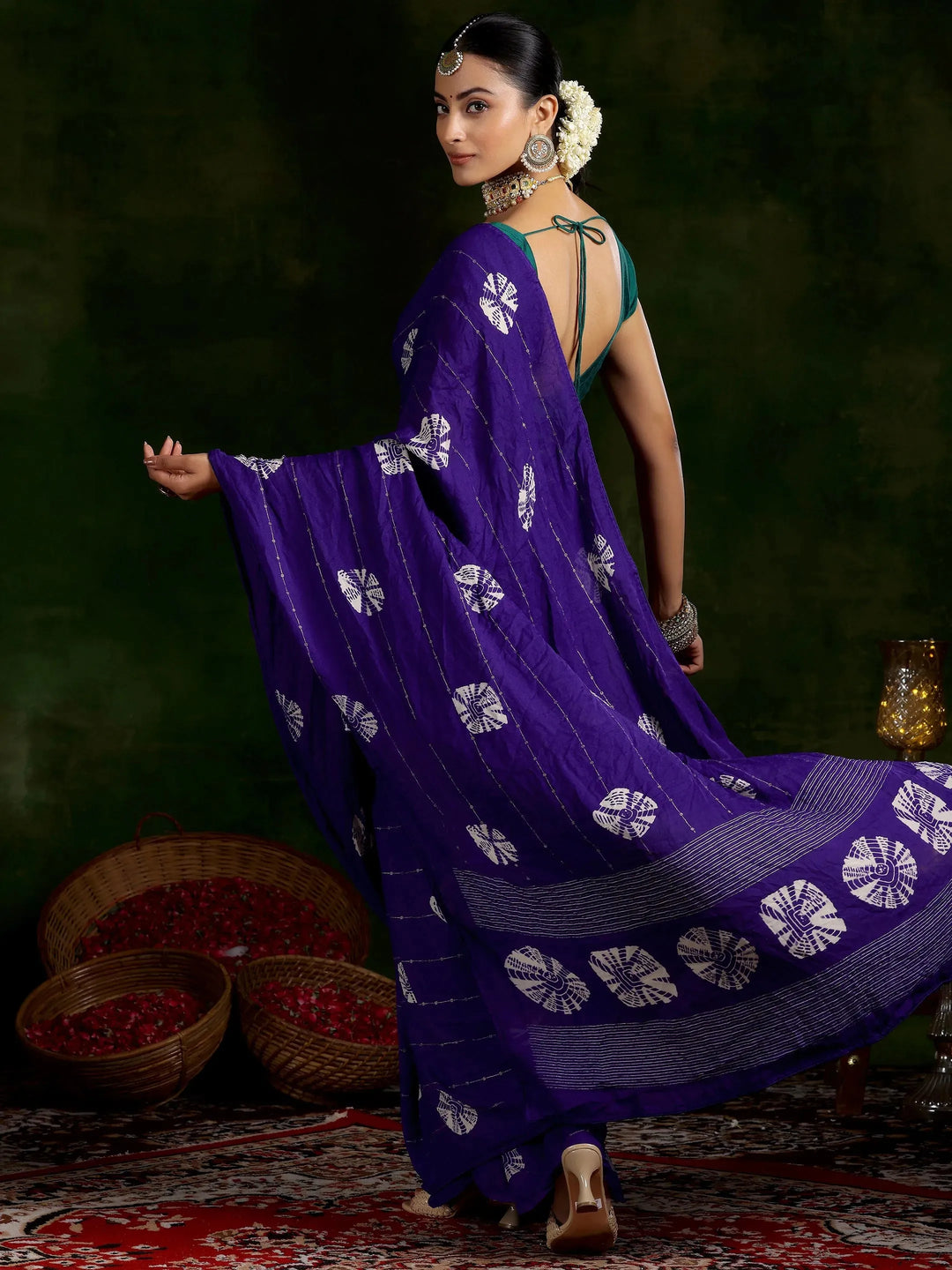  Purple Printed Poly Chiffon Saree With Unstitched Blouse Piece 