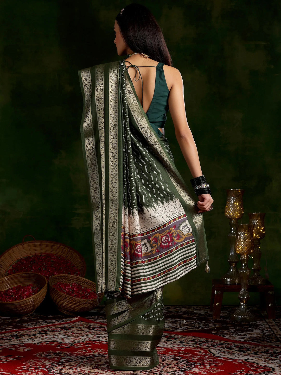  Olive Printed Silk Blend Saree With Unstitched Blouse Piece 