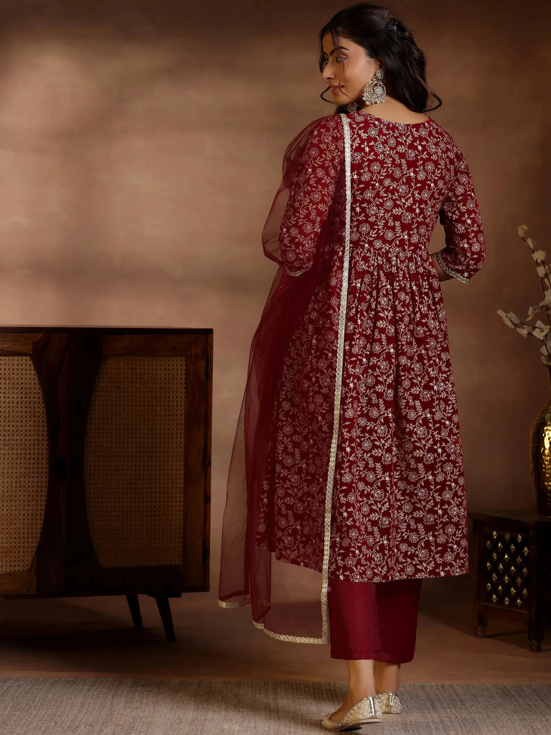  Maroon Printed Georgette A-Line Kurta With Trousers & Dupatta 