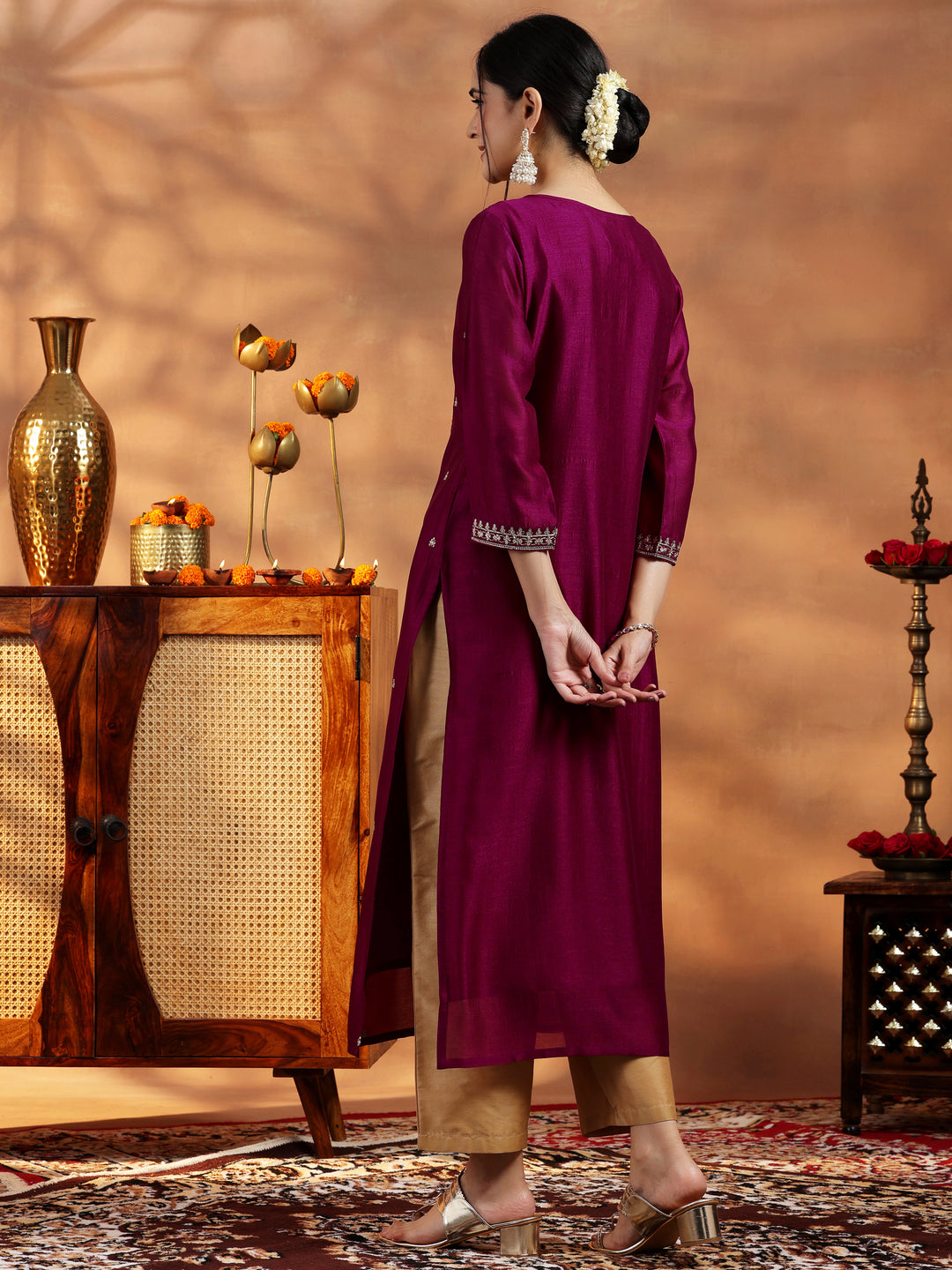  Maroon Embroidered Silk Straight Kurta 