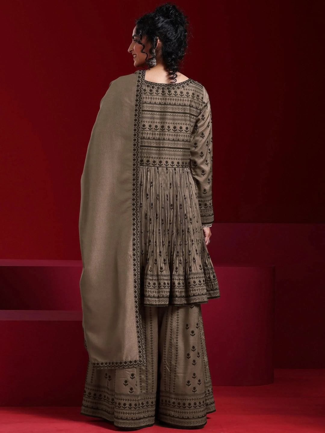  Libas Art Brown Embroidered Silk Blend A-Line Kurta With Sharara & Dupatta 