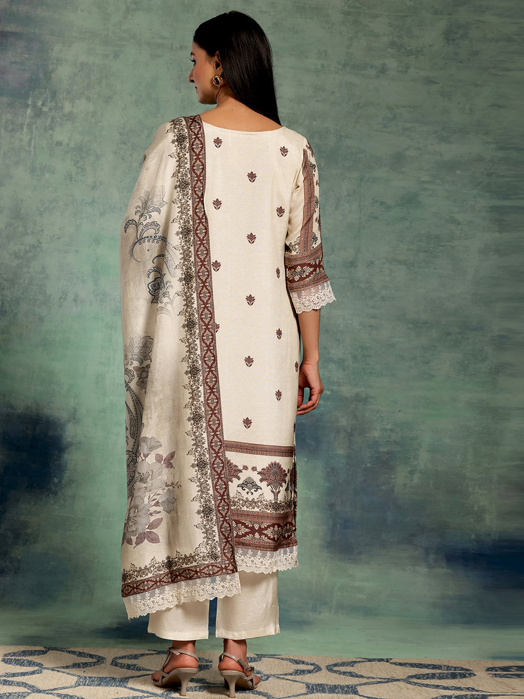  Ivory Printed Silk Blend Straight Suit Set With Dupatta 