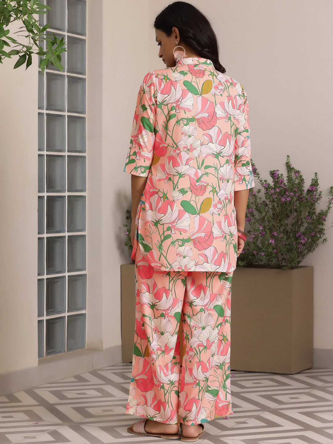  Peach Printed Silk Blend Co-Ords 