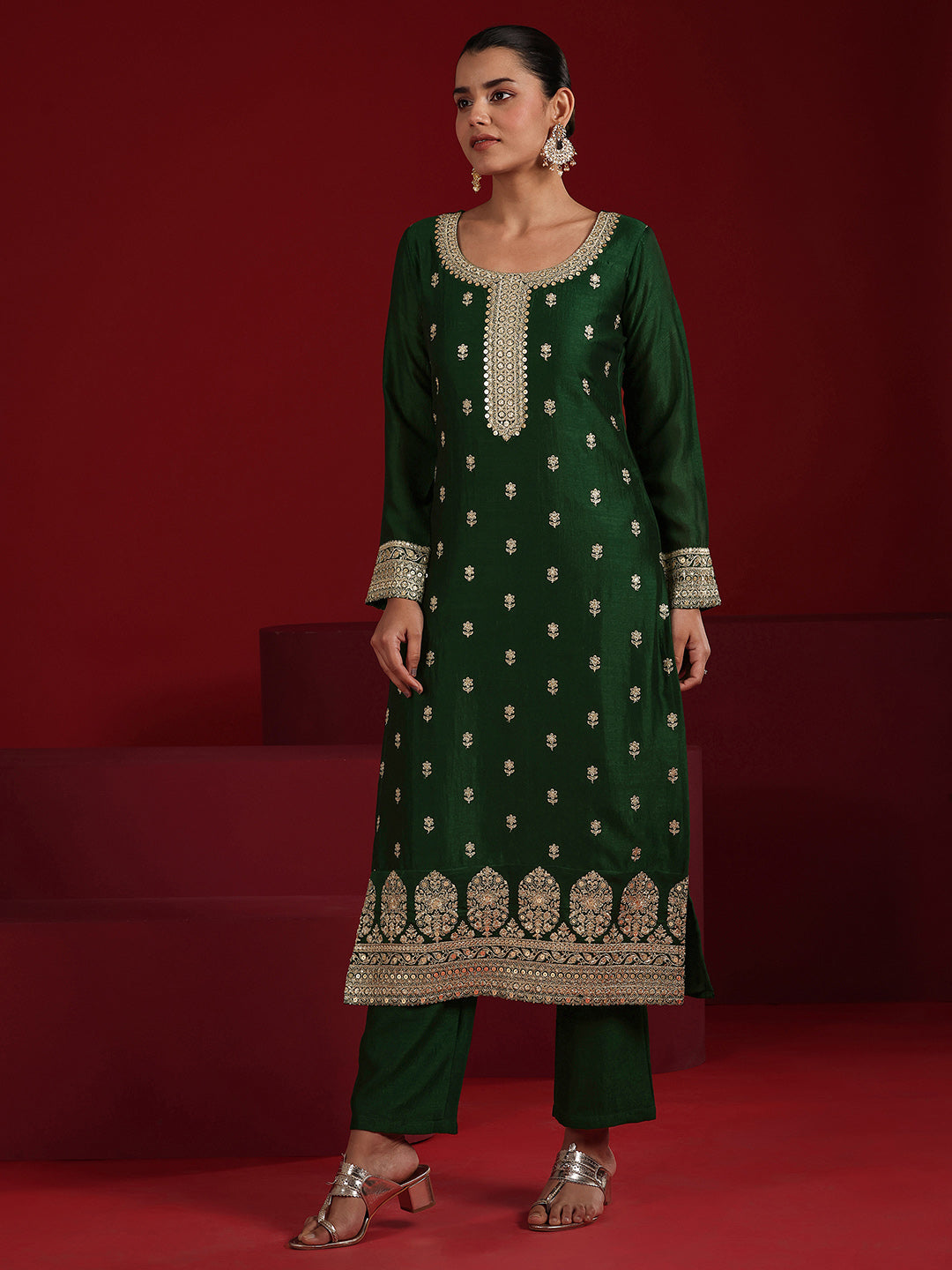  Libas Art Green Embroidered Silk Blend Straight Suit Set With Dupatta 