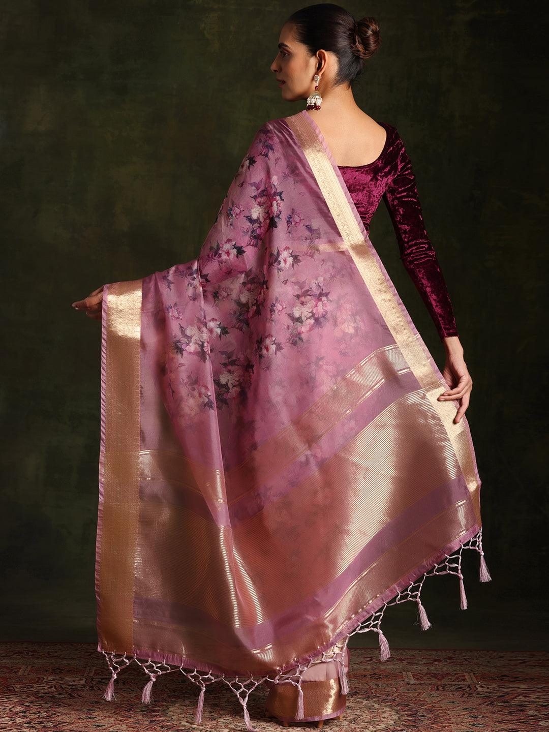 Purple Printed Organza Saree With Unstitched Blouse Piece - Libas