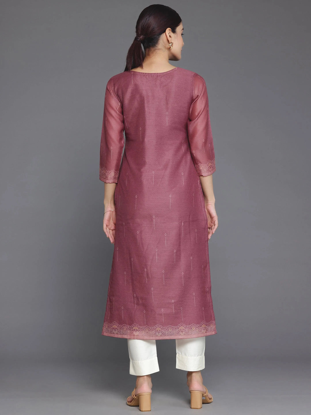 Mauve Embellished Chanderi Silk Straight Kurta - Libas 