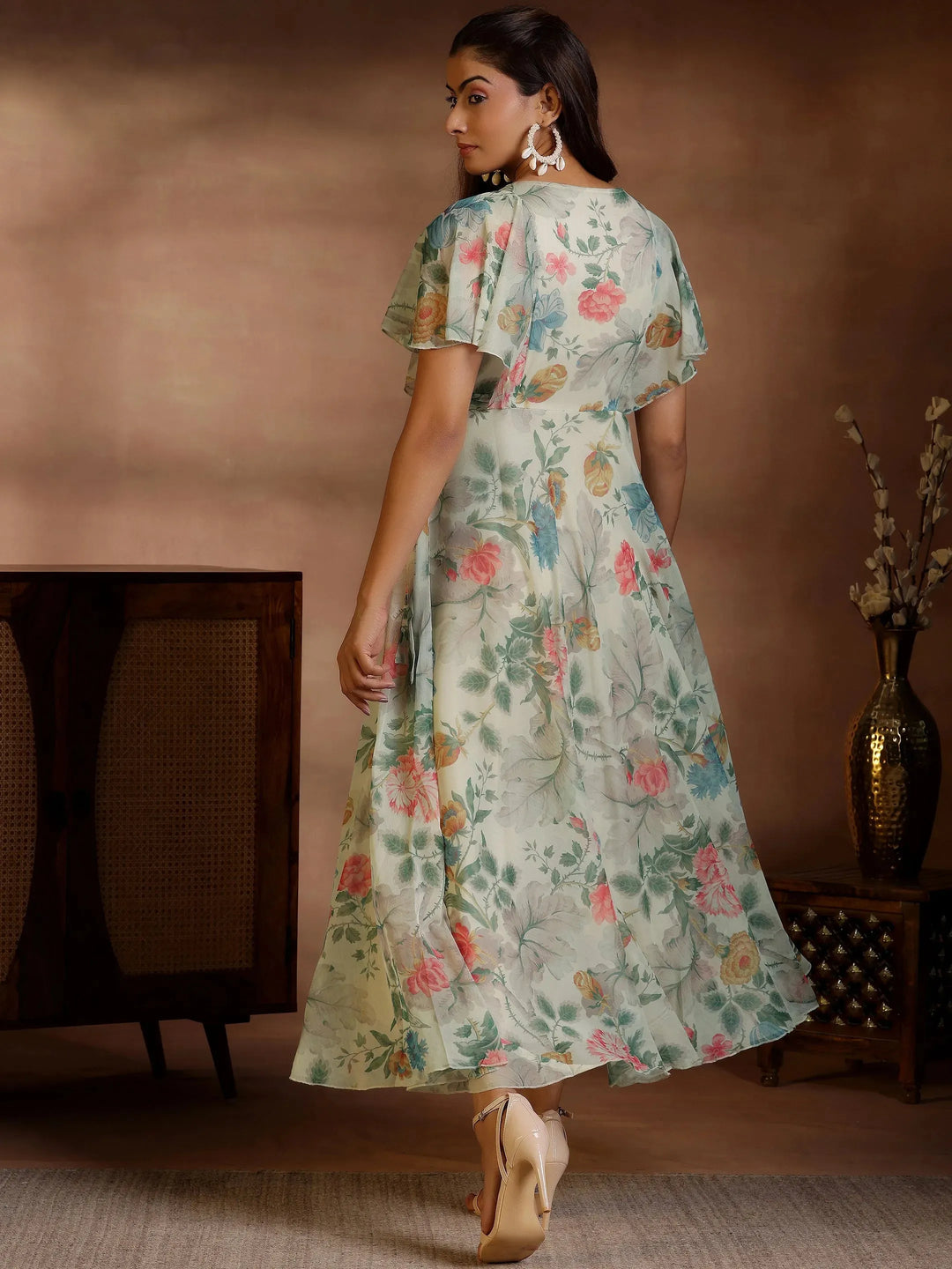  Off White Printed Polyester A-Line Dress 