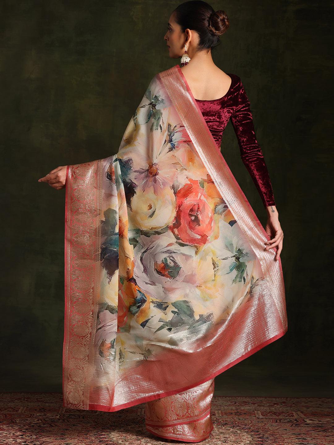 Pink Printed Organza Saree With Unstitched Blouse Piece