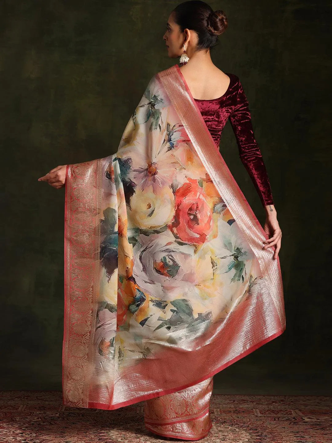 Pink Printed Organza Saree With Unstitched Blouse Piece - Libas 