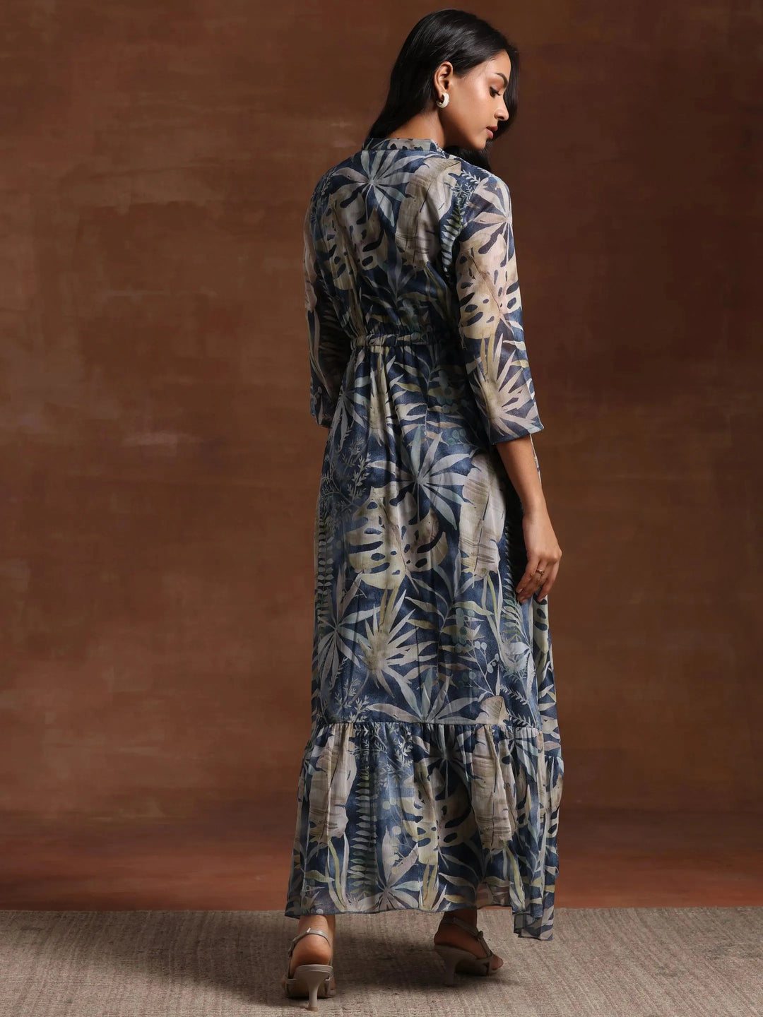  Blue Printed Chiffon A-Line Dress 