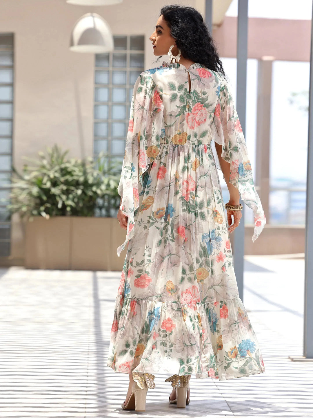  Off White Printed Chiffon A-Line Dress 