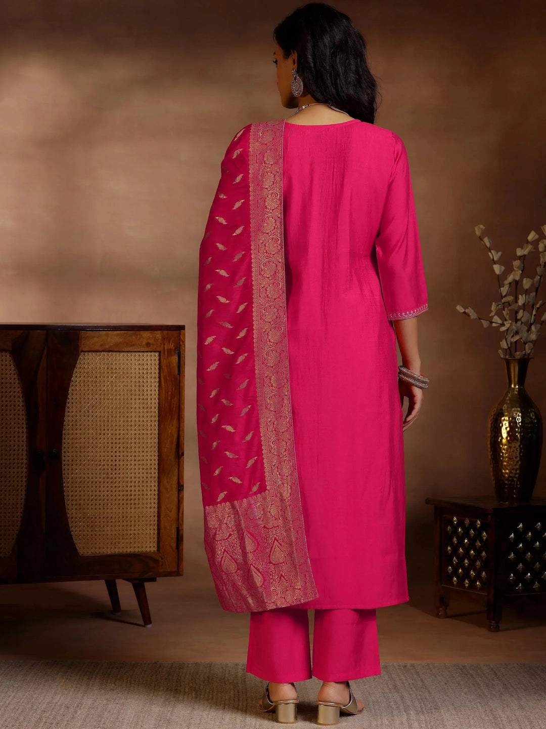  Pink Yoke Design Silk Blend Straight Suits With Dupatta 