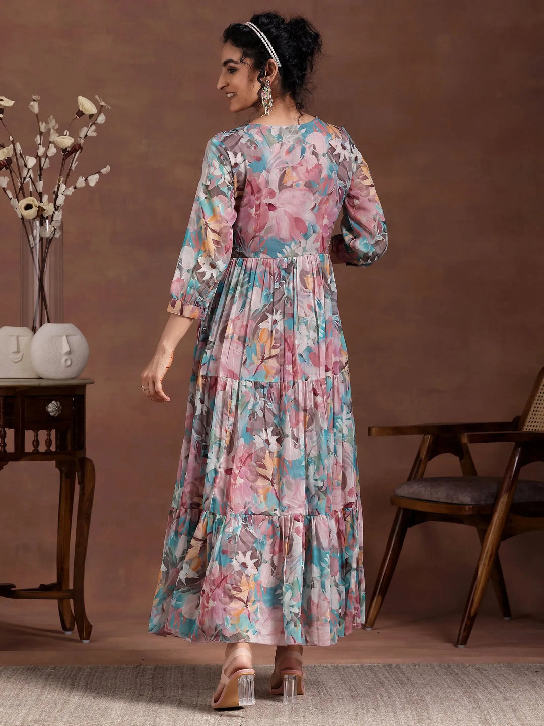  Mauve Printed Chiffon Fit and Flare Dress 