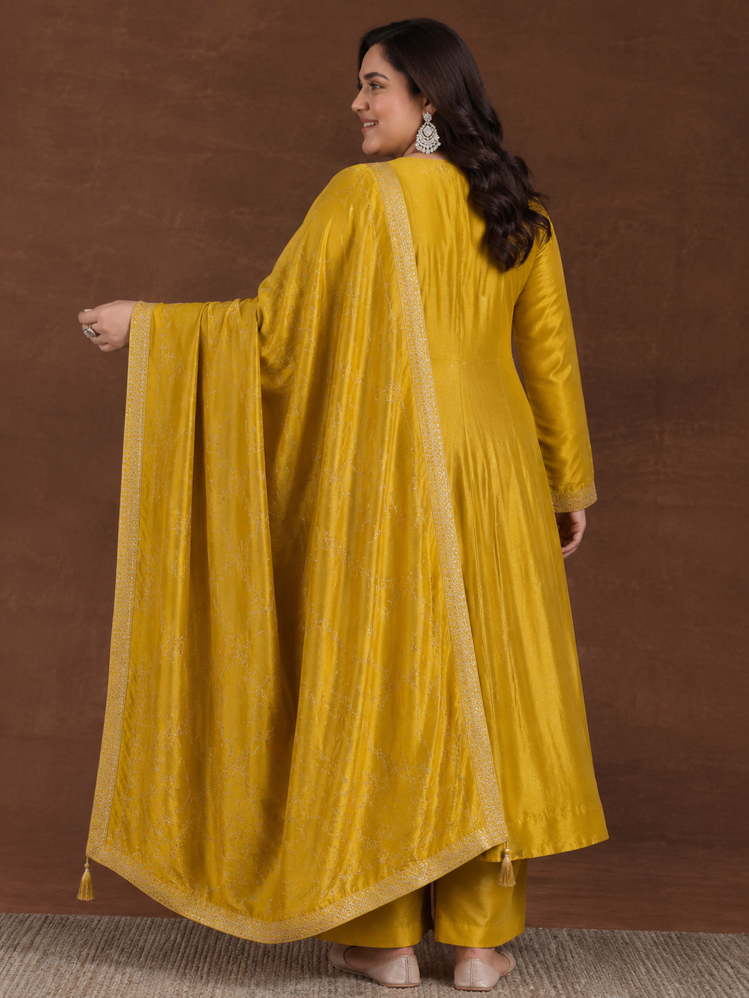  Plus Size Mustard Floral Embroidered Silk Blend A-Line Suit Set 