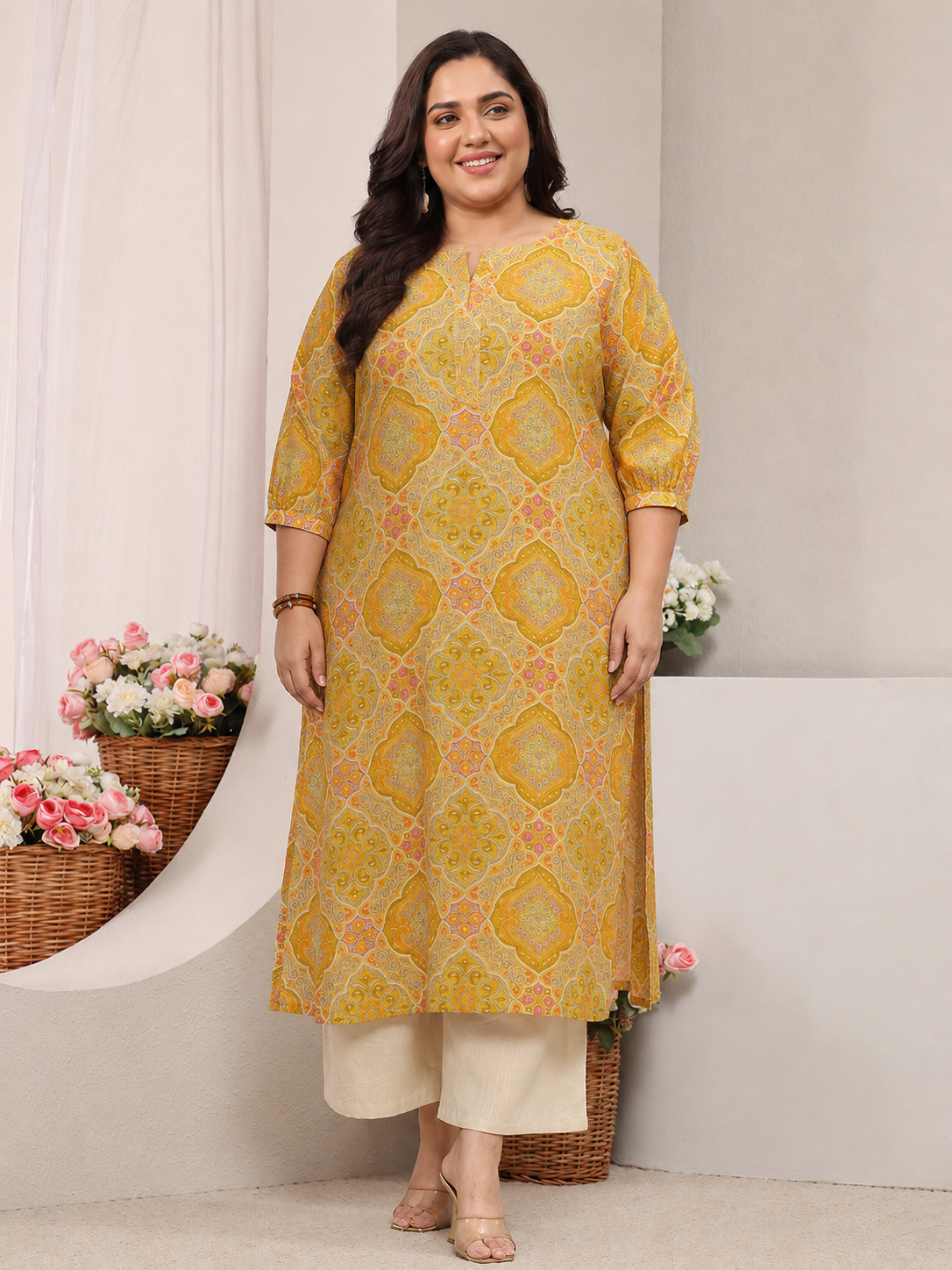 libas Plus Size Yellow Motif Printed Silk Blend Straight Kurta-picture-21