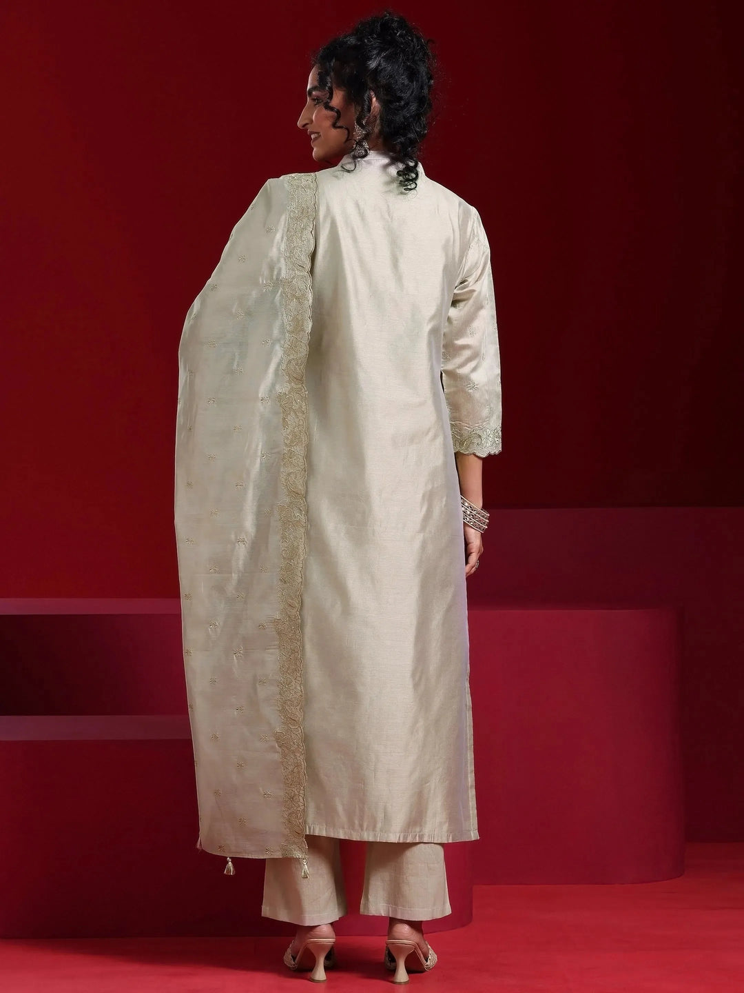  Libas Art Grey Embroidered Chanderi Silk Straight Suit With Dupatta 