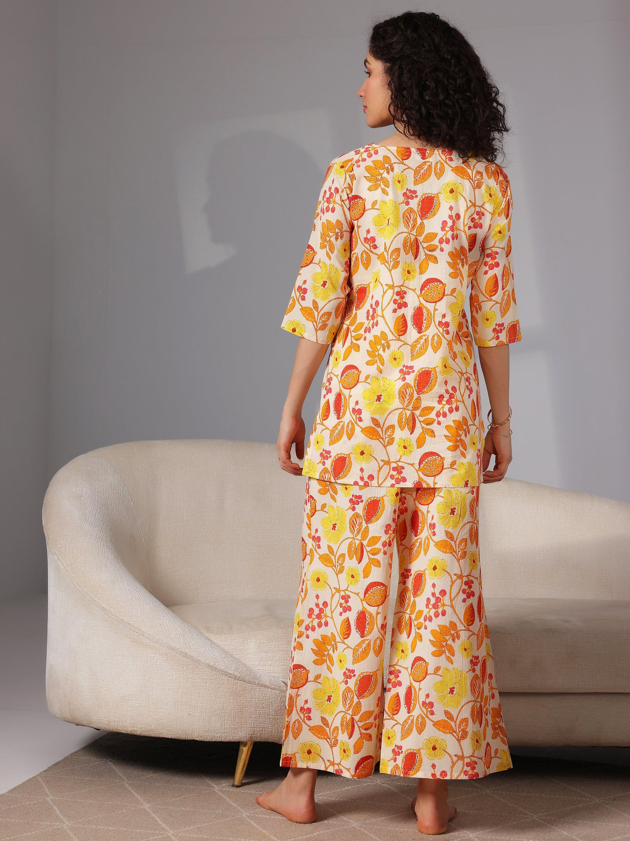 Yellow Printed Cotton Night Suits