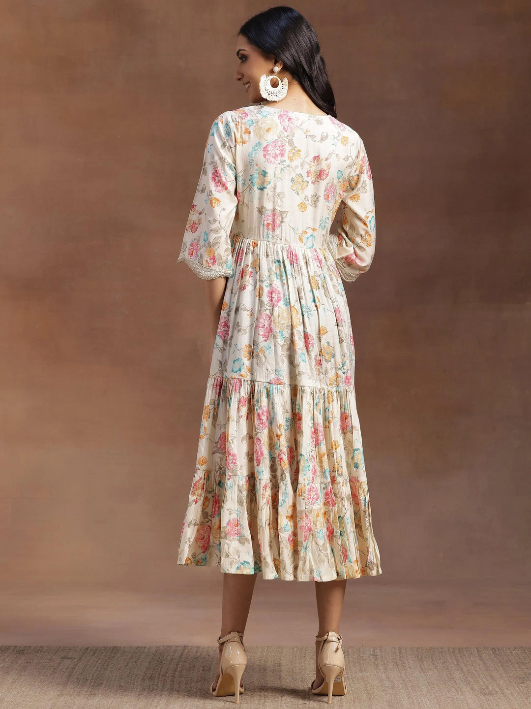 Beige Printed Silk Fit and Flare Dress - Libas 
