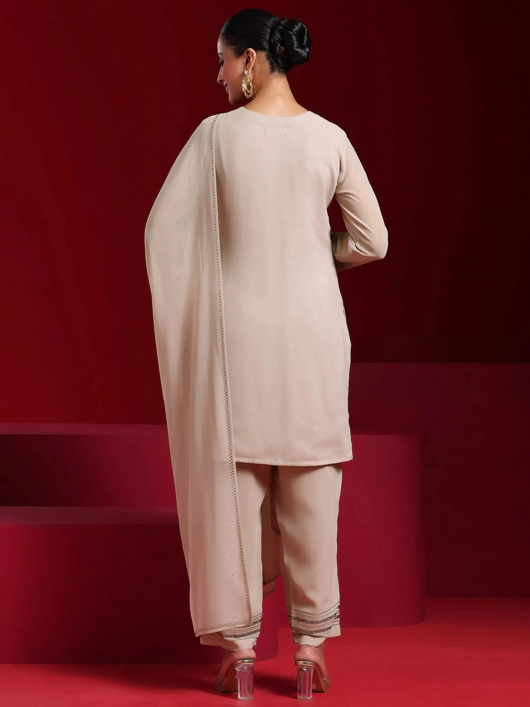  Libas Art Taupe Striped Georgette Straight Suit With Dupatta 