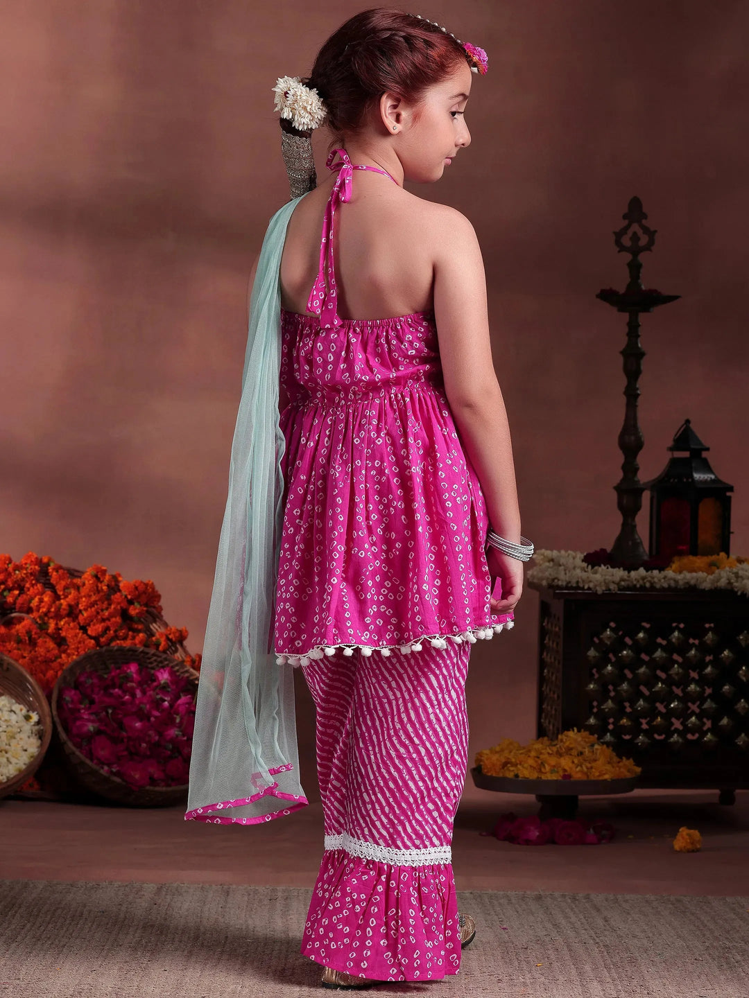  Kids Pink Printed Cotton A-Line Kurti With Palazzos & Dupatta 