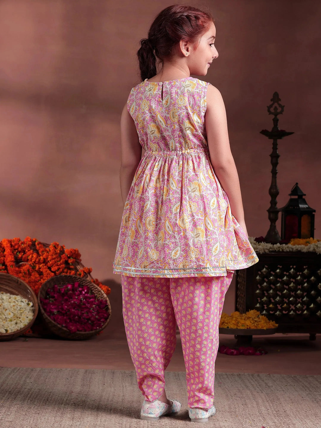  Kids Pink Printed Cotton A-Line Kurti With Salwar & Dupatta 