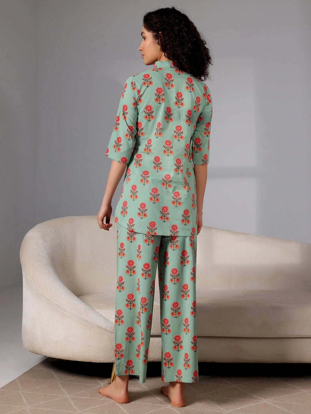 Green Printed Cotton Night Suits - Libas 