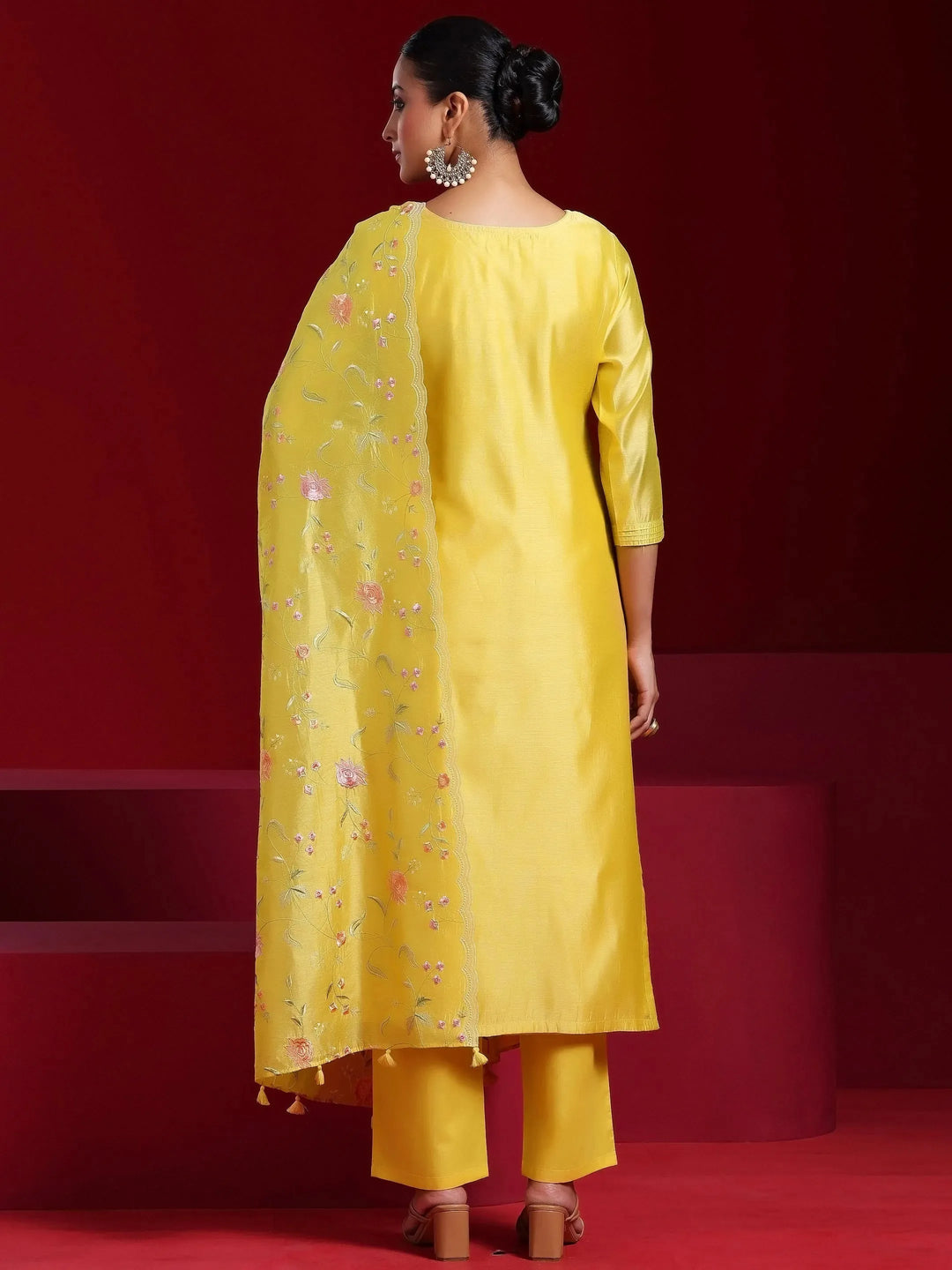  Libas Art Yellow Embroidered Chanderi Silk Straight Suit With Dupatta 