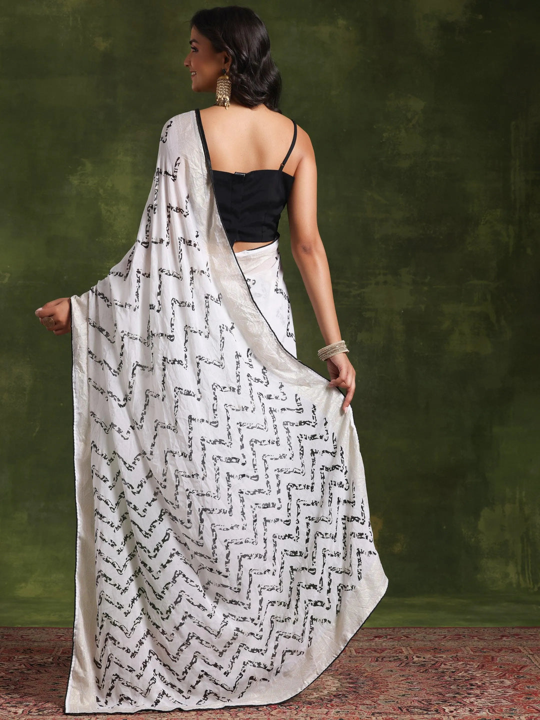 Off White Printed Poly Georgette Saree With Unstitched Blouse Piece - Libas 