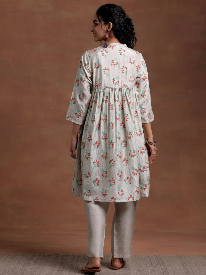 Grey Printed Silk Blend A-Line Kurta With Trousers - Libas