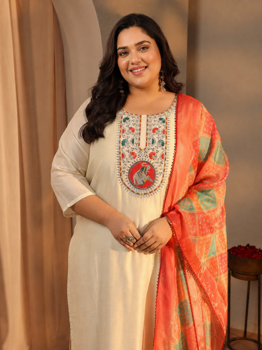  Plus Size Off White Ethnic Motif Printed Chanderi Silk Straight Suit Set 