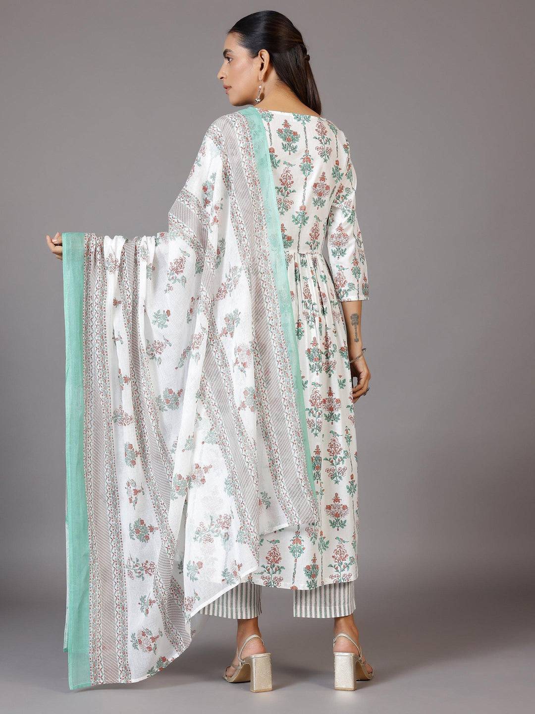 Off White Printed Cotton Anarkali Suit With Dupatta - Libas