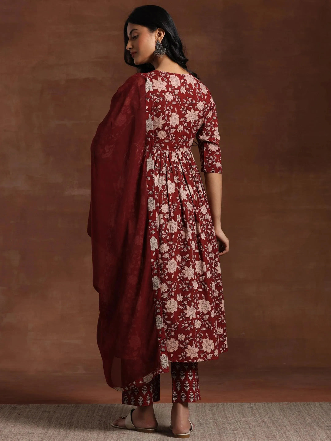 Maroon Printed Pure Cotton Anarkali Suit With Dupatta - Libas 