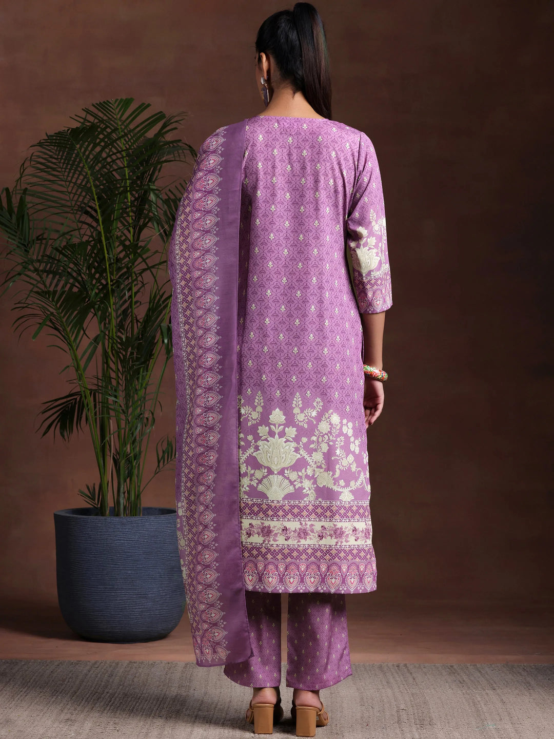  Purple Printed Poly Crepe Straight Suit With Dupatta 
