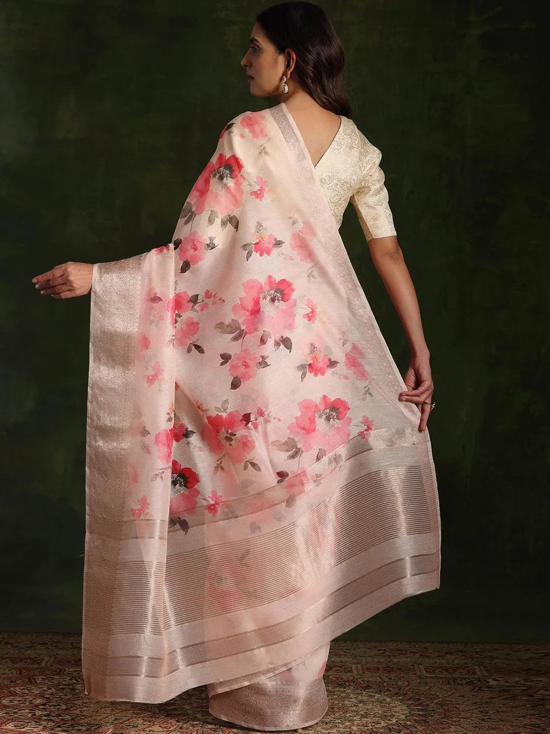 Pink Printed Silk Blend Saree With Unstitched Blouse Piece - Libas 