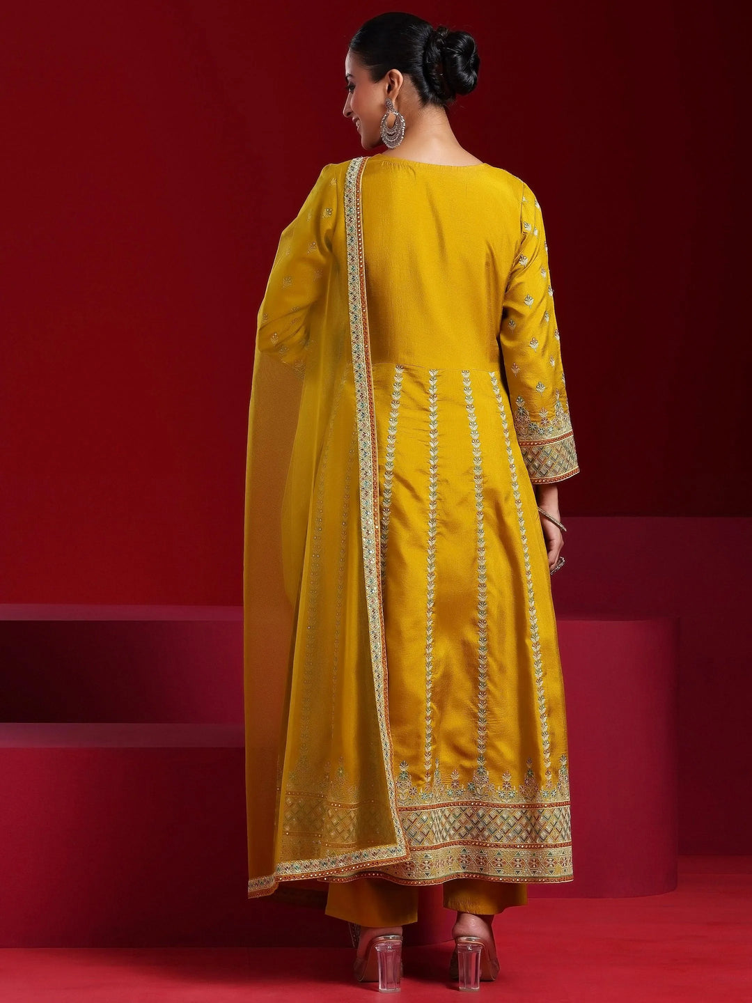 Libas Art Mustard Embroidered Silk Blend A-Line Kurta With Sharara & Dupatta - Libas 