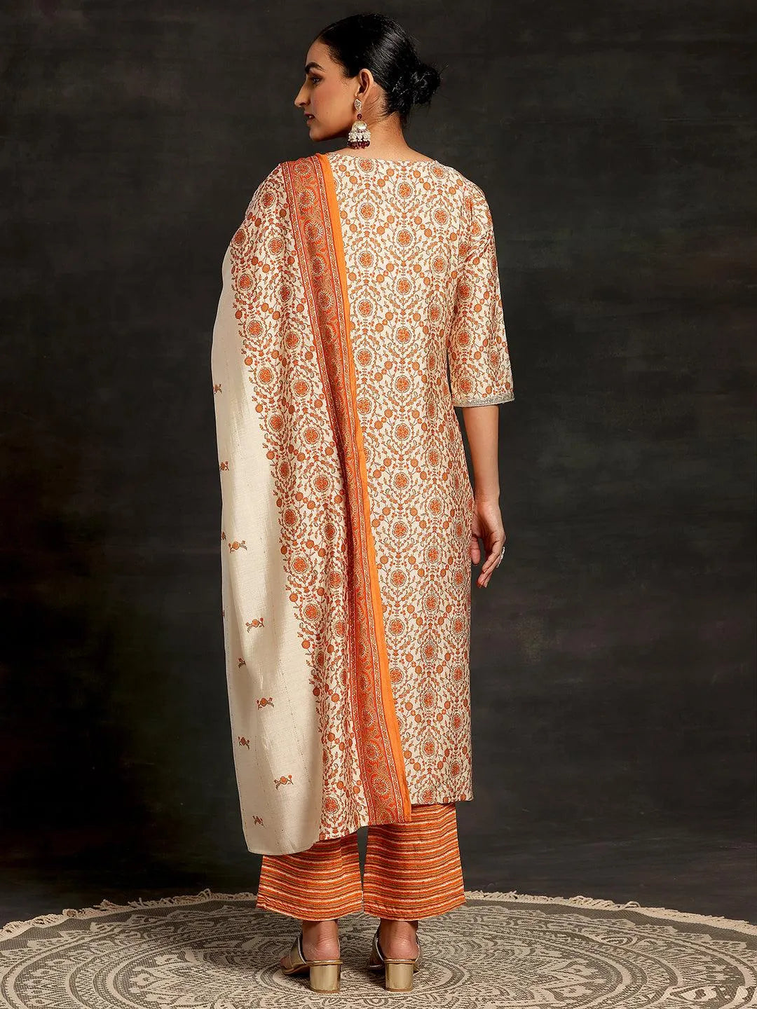 Beige Printed Silk Blend Straight Suit With Dupatta - Libas 