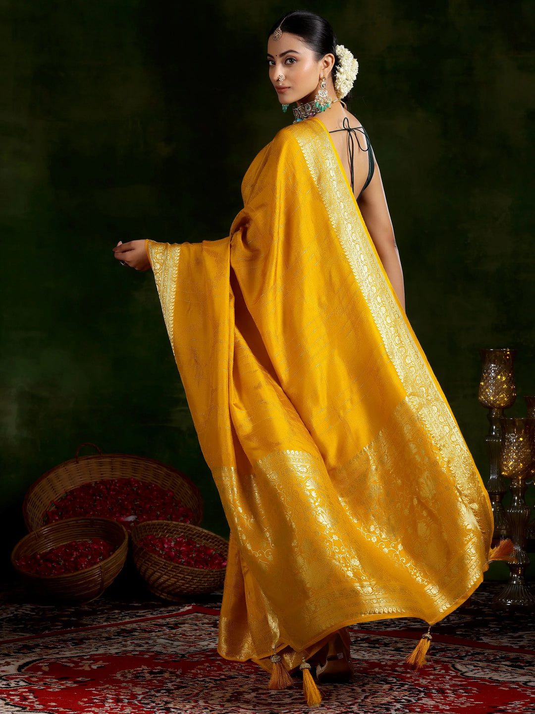 Mustard Woven Design Silk Blend Saree With Unstitched Blouse Piece 