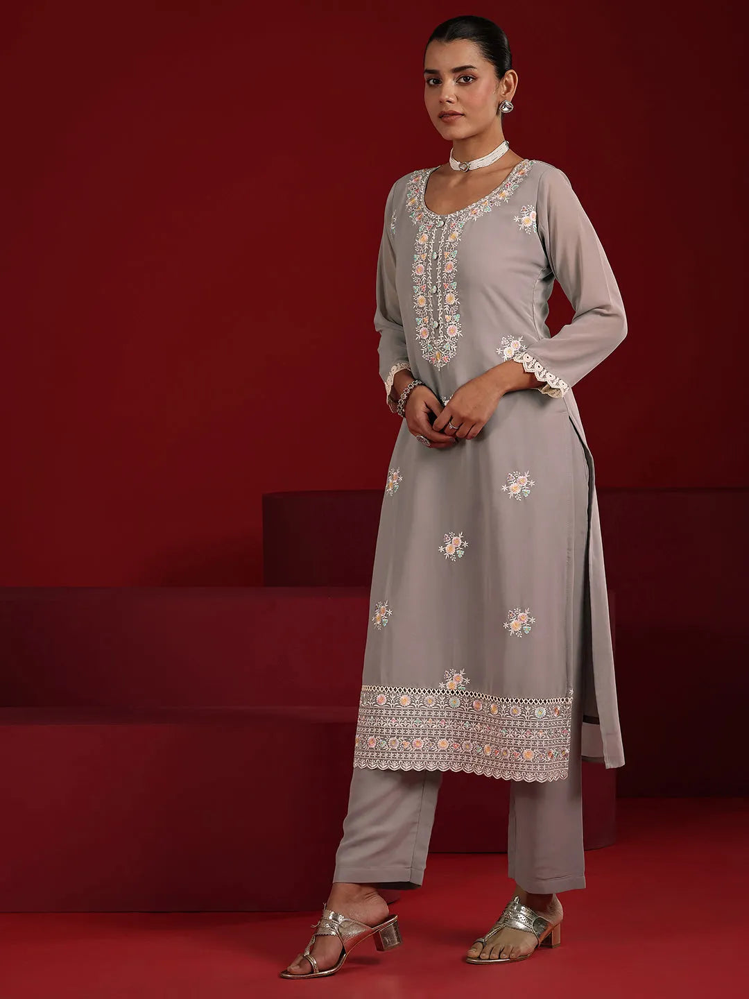  Libas Art Mauve Embroidered Georgette Straight Suit Set With Dupatta 