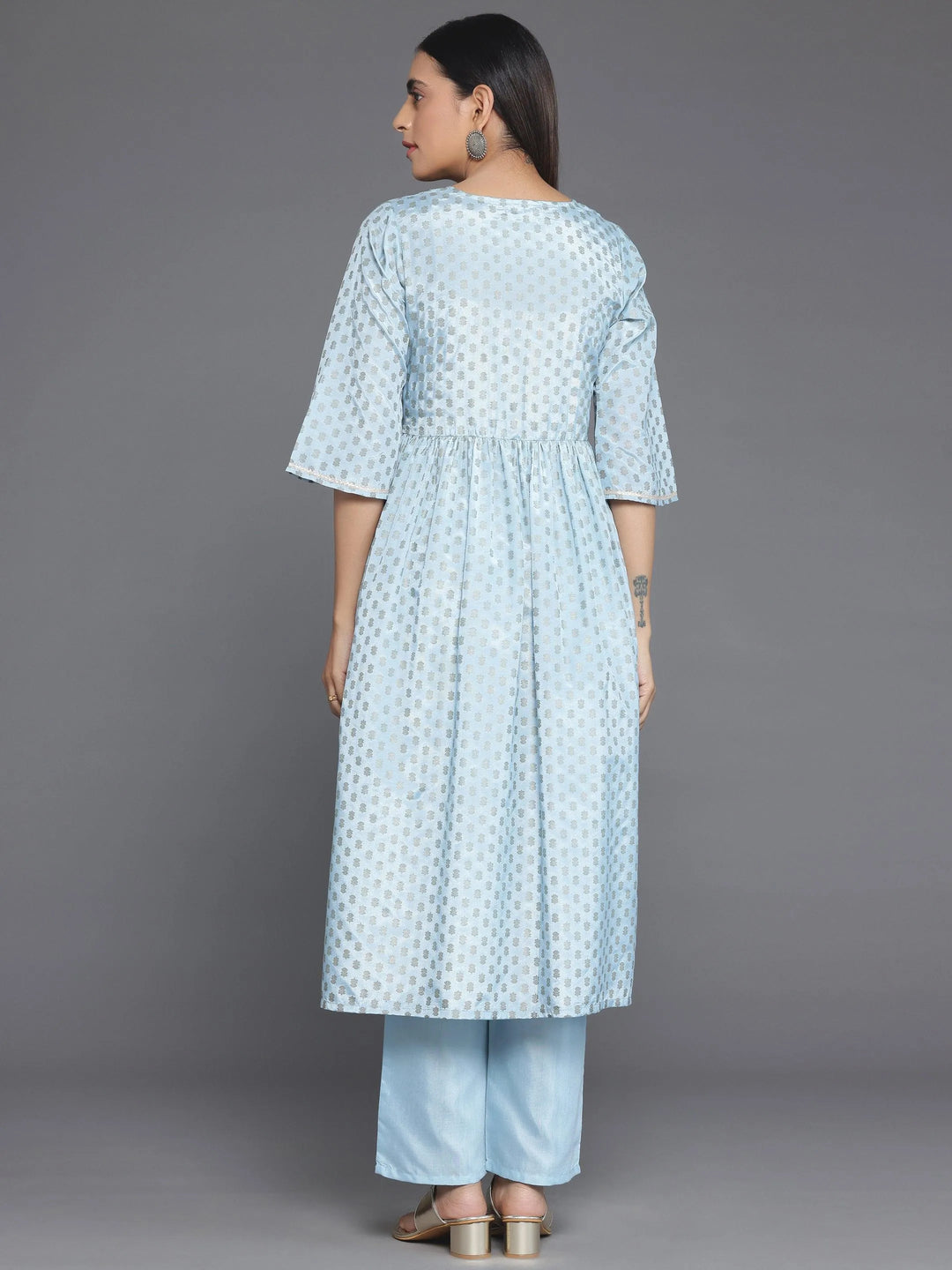 Blue Printed Silk Blend A-Line Kurta With Trousers - Libas 