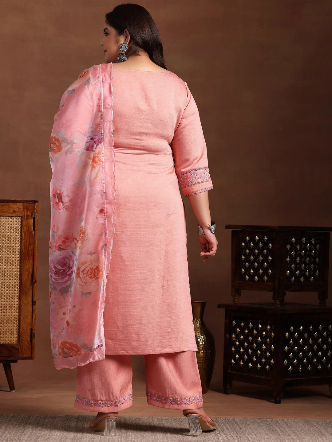 Plus Size Peach Yoke Design Silk Blend Straight Suit With Dupatta - Libas 
