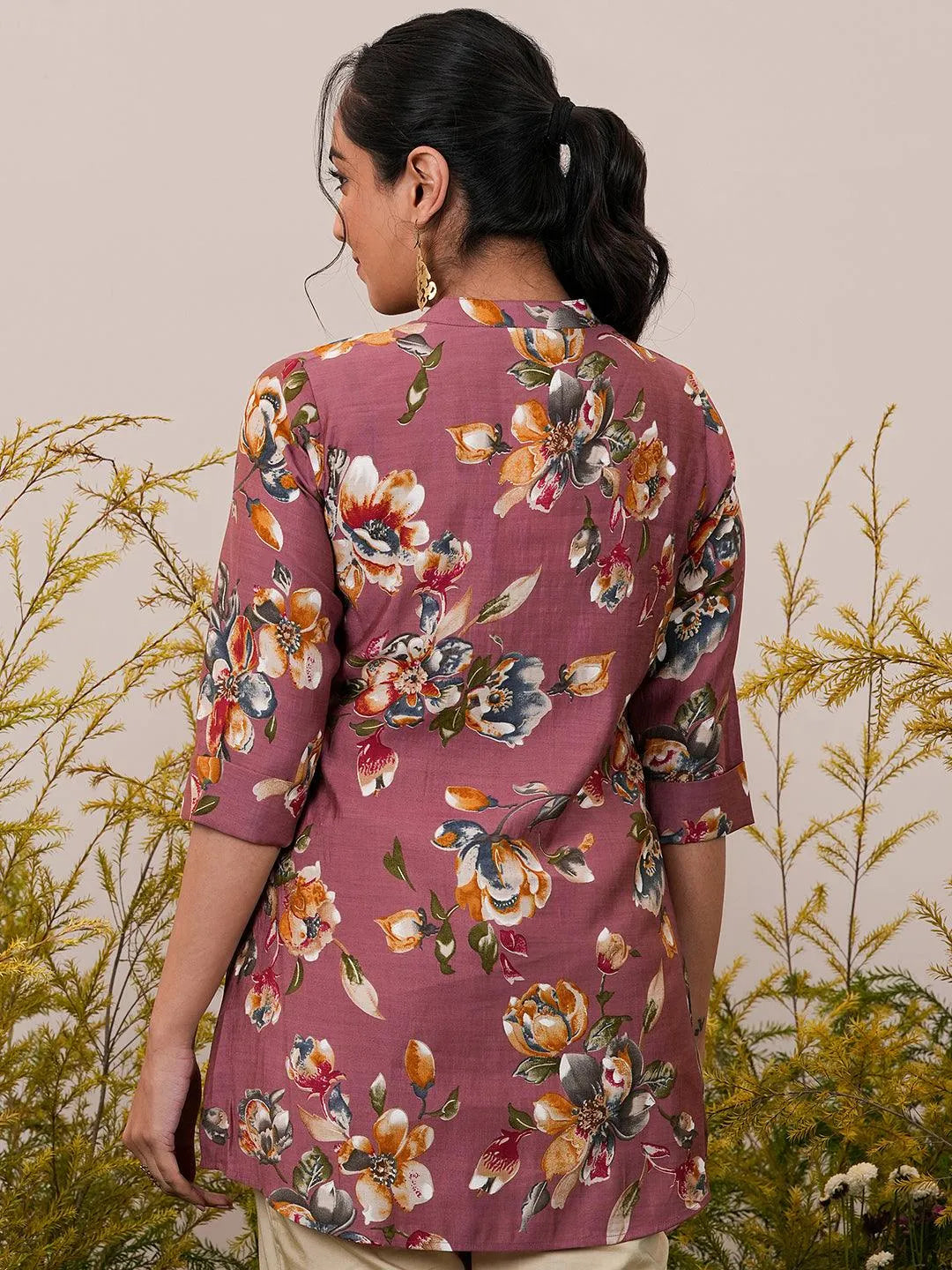 Pink Printed Silk Blend A-Line Kurti - Libas 