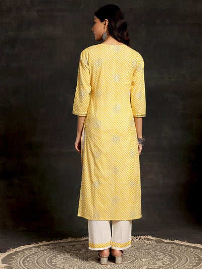 Yellow Printed Cotton Straight Kurta Set - Libas