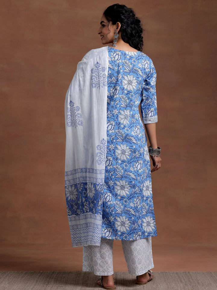 Blue Printed Cotton Straight Suit With Dupatta - Libas