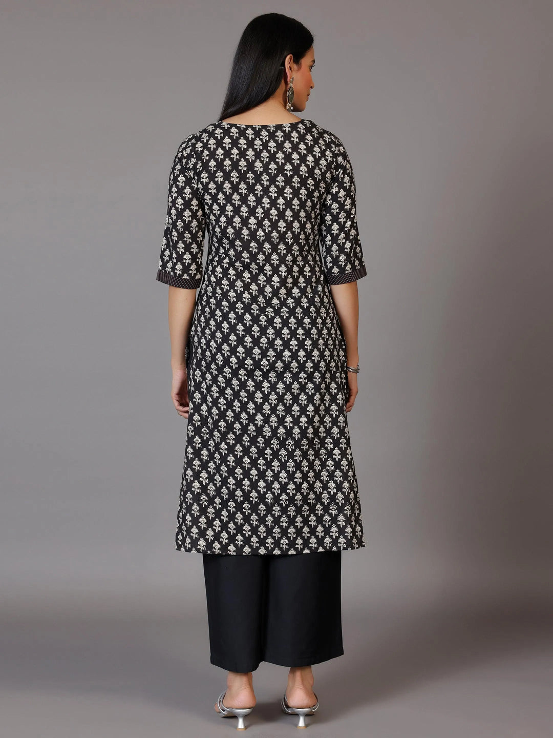 Black Printed Cotton Straight Kurta - Libas 